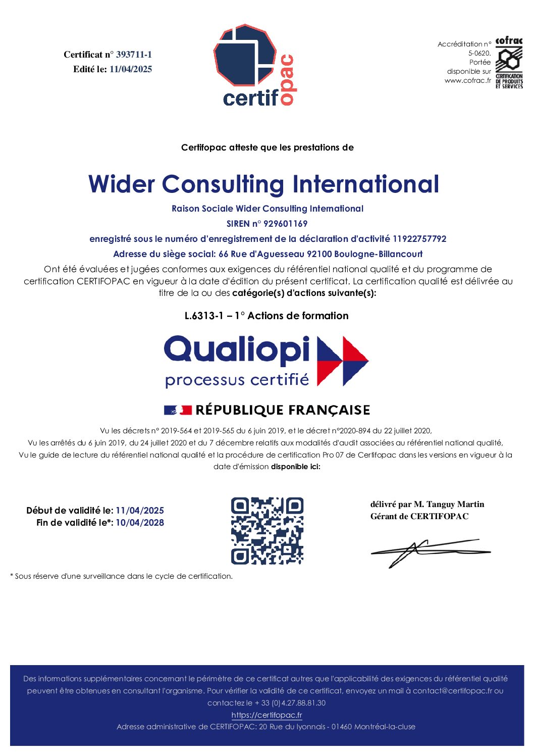 Certificat Qualiopi - Mise à jour le 11.04.2025